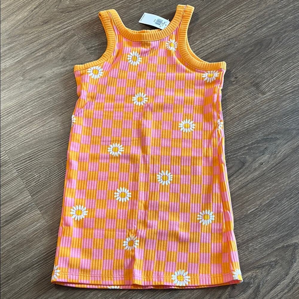 NWT Old Navy girls Orange Pink Dress sleeveless daisy checkered summer XS 5
